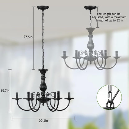 6-Light Farmhouse Chandelier for Dinning Room,Vintage Black Candle Hanging Pendant Light, Rustic Island Candle Chandelier for Living Room,Bedroom,Entryway Foyer, Ceiling Hanging Lamp2