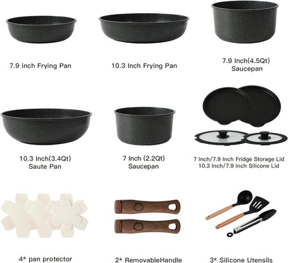 15PCS Ceramic Cookware Sets Detachable Handle Pots and Pans Set Non Stick (Black)2