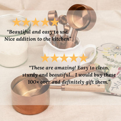 Copper Stainless Steel Measuring Cups and Spoons Set of 8, Wooden Handle with US and Metric Measurements4