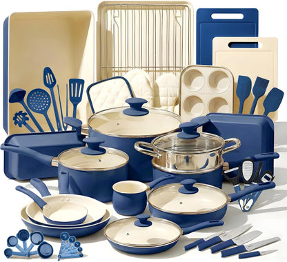 54 Piece Professional Grade Complete Home Kitchen Cookware Set, Ceramic Non-Stick Bakeware, Pot and Pans Kit, Cool-Touch Handles, Safe for Gas, Electric, Induction Cooktops, Easy Clean1