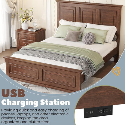 Wood Bed Frame Queen with Tall Headboard & Footboard, Traditional Queen Panel Bed with USB Charging Station for Bedroom, Guest Room, Easy Assembly, No Box Spring Required,Walnut5