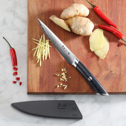 KURO Series 5-Inch Serrated Utility Knife with Sheath, High Carbon X-7 Damascus Steel, 5042896