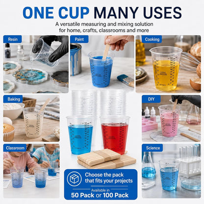 Plastic Measuring Cups with Mixing Sticks, 8 Oz Clear Cup, 50 Pack9