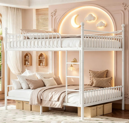 Queen over Queen Bunk Beds, Metal Bunk Bed with Ladder and Guardrail for Kids, Adults, Can Be Split, White1