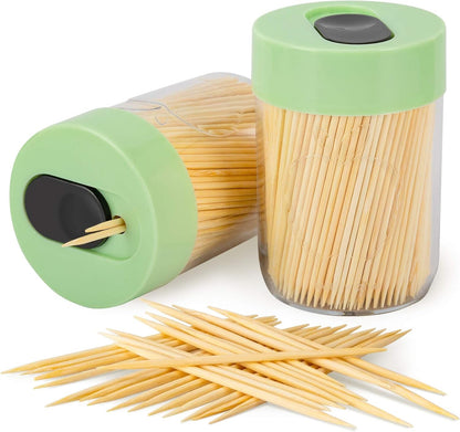 Sturdy Toothpick Holder with 800 Natural Toothpicks Wooden 2Pack Green | Upgraded Resistant Bend & Break Durable Tooth Picks for Teeth Cleaning DIY Crafts Appetizer Olive Barbecue Fruit Food1