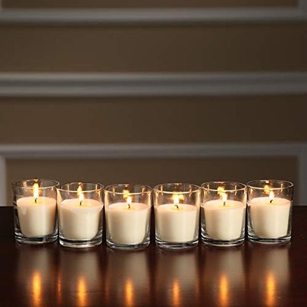 48-Pack Clear Glass Votive Candles – 10–12 Hour Long Burn, Unscented, Ivory, Bulk Set for Weddings, Events & Table Centerpieces –3