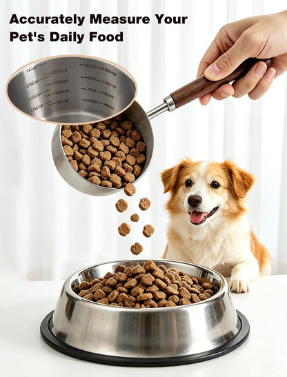 Dog Food Scoop 1 Cup with Cleaning Towel and Drying Rack, 304 Stainless Steel Dog Food Measuring Cup with Walnut Handle, Dishwasher Safe Pet Food Scoop for Dogs and Cats3