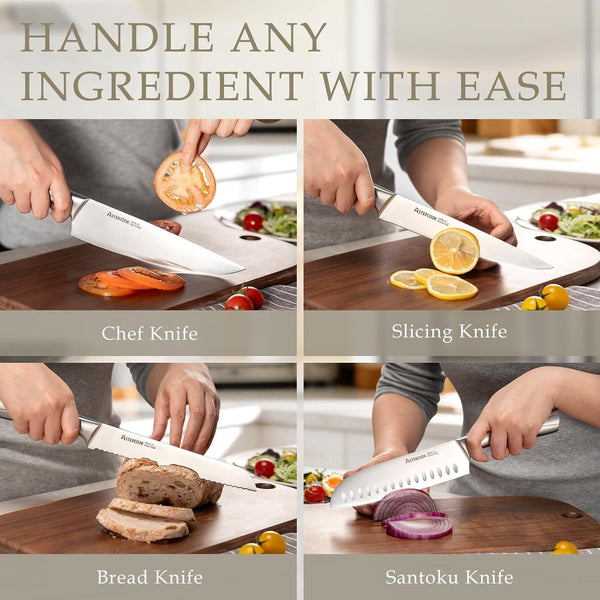 Knife Set, Kitchen Knives Set with Block and Sharpener Full Tang 15 Pcs Stainless Steel Knives, Dishwasher Safe Knife Set with Anti-Slip Ergonomic Handle, Walnut, Fathers Day Gift for Men8