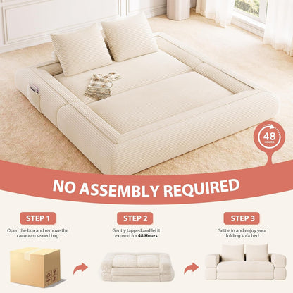 4-In-1 Convertible Folding Sofa Bed, 78"W X 68"L Queen Size Foldable Sleeper Sofa Bed, Wide Corduroy Upholstery, Boneless Mattress Couch with Armrests & Neck Pillow for Living/Bedroom, Beige9