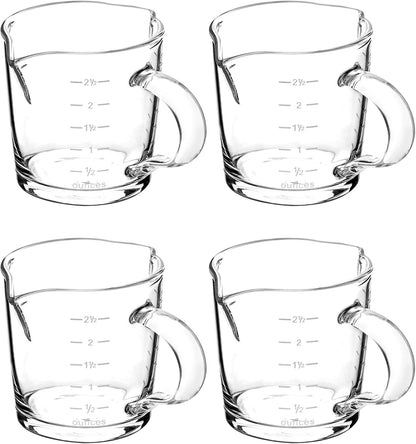 Espresso Shot Glass with Handle, 4 Pack 3-Ounce Double Spout Glass Measuring Cup Triple Pitcher Milk Cup with Two Scales (OZ&ML)1