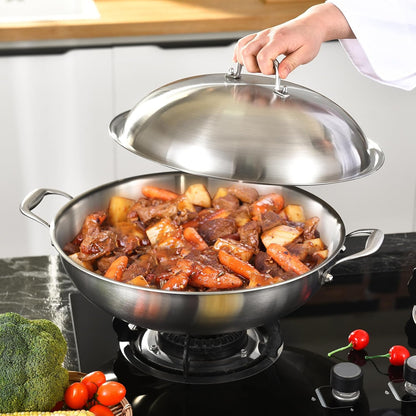 14.5 Inch Stainless Steel Wok with Steel Lid | Jumbo Cooker | Dual Handles | Large | Uncoated Tri-Ply Stir Fry Pan | Everyday Cooking Wok for Induction | Flat Bottom | PFOA-FREE | 6-8 Servings ﻿5