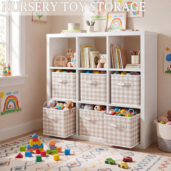 6 Pcs Beige Gingham Cube Storage Bins, 11 Inch Fabric Checkered Classroom Storage Bins Organizer with Handle Preppy Collapsible Cubby Basket for Classroom Home Nursery Playroom Bedroom3