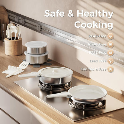 21PCS Pots and Pans Set Non Stick, Ceramic & Stainless Steel Cookware Set with Detachable Handles, Induction Cookware, Oven/Dishwasher Safe, Frying Pans with Kitchen Essentials, Beige White7