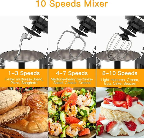Powerful 10-Speed Stand Mixer – 7.5QT 660W Tilt-Head Electric Kitchen Mixer – Stainless Steel Bowl, Dough Hook, Whisk, Beater, Splash Guard – Ideal for Bread & Cake Baking – Household4