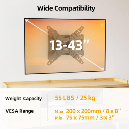 32+ 40 Inch Full Motion TV Wall Mount for 13-43" Tvs & Monitor, 360° Rotating Small TV Mount Bracket, Articulating Swivel Tilting Extension, Max VESA 200X200Mm, Single Studs, 55 Lbs6
