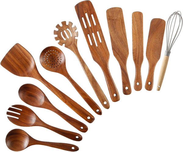 Wooden Spoons for Cooking 11Pcs Natural Acacia Wooden Kitchen Utensil Set, Spatula Spurtles Salad Fork Spoon Set, Non-Stick, Comfortable Grip, as Seen on TV Wooden Cooking Utensils1
