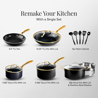 15 Pc Ceramic Cookware Set Nonstick, Ceramic Pots and Pans Set Non Stick with Steamer & Cooking Utensils, Non Toxic PFOA PFOS Free, Premium Stay Cool Handles, Oven & Dishwasher Safe2