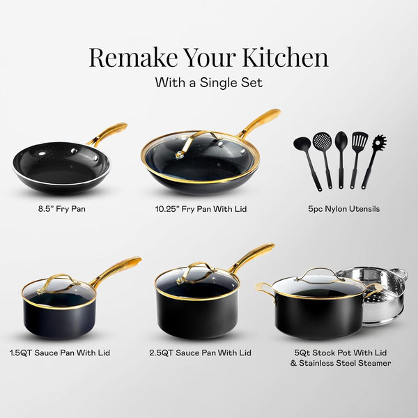 15 Pc Ceramic Cookware Set Nonstick, Ceramic Pots and Pans Set Non Stick with Steamer & Cooking Utensils, Non Toxic PFOA PFOS Free, Premium Stay Cool Handles, Oven & Dishwasher Safe2