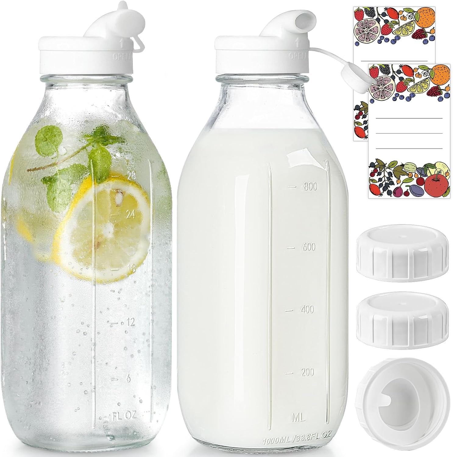 2-pack-32-oz-glass-milk-bottles-with-airtight-lids-2-caps-reusable-screw-lids-with-2-dispenser-caps-for-glass-water-jug-buttermilk-juice-syrup-coffee-creamer-refrigerator-storage