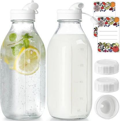 2 Pack 32 Oz Glass Milk Bottles with Airtight Lids & 2 Caps | Reusable Screw Lids with 2 Dispenser Caps for Glass Water Jug,Buttermilk, Juice,Syrup,Coffee Creamer & Refrigerator Storage1