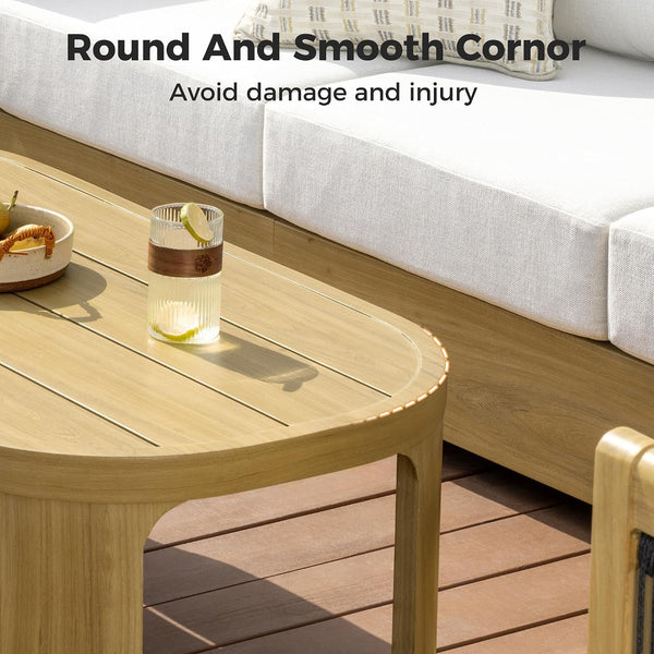 Aluminum Patio Furniture Set, 3 Pieces Wood-Like Oversized 3-Seat Sofa Conversation Set with Thick Cushion, Curved Tub Design with Woven Rope Accents for Garden, Backyard, Poolside6