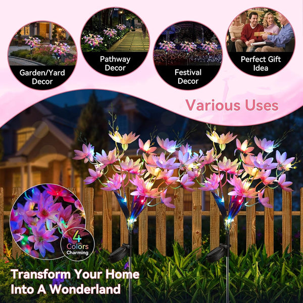 Solar Flowers Outdoor Waterproof IP65, 5-Head Snow Lotus with 20+ Flowers, 4-Color Light & 2 Lighting Modes, Decorative Solar Lights Outdoor Garden, Yard, Pathway, Flower Bed (6-Pack, Pink)6