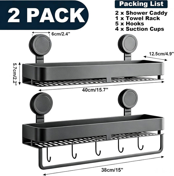 Shower Caddy Suction Cup 2 Pack with Hooks & Towel Rack, No Drilling2