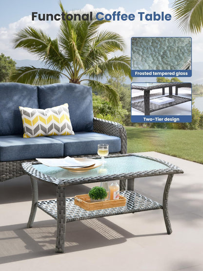 4-Piece Outdoor Patio Furniture Set with Coffee Table, Outdoor Conversation Wicker Sofa with Thickened Cushions, Rattan Couch for Deck Yard Poolside, Blue5