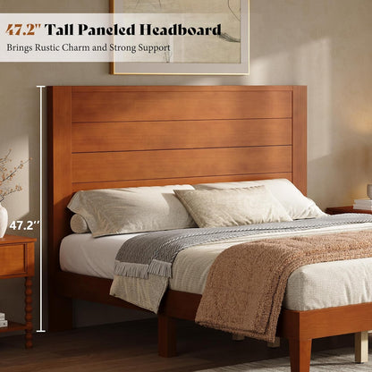 King Size Solid Wood Platform Bed with Mid Century Style, Brown4