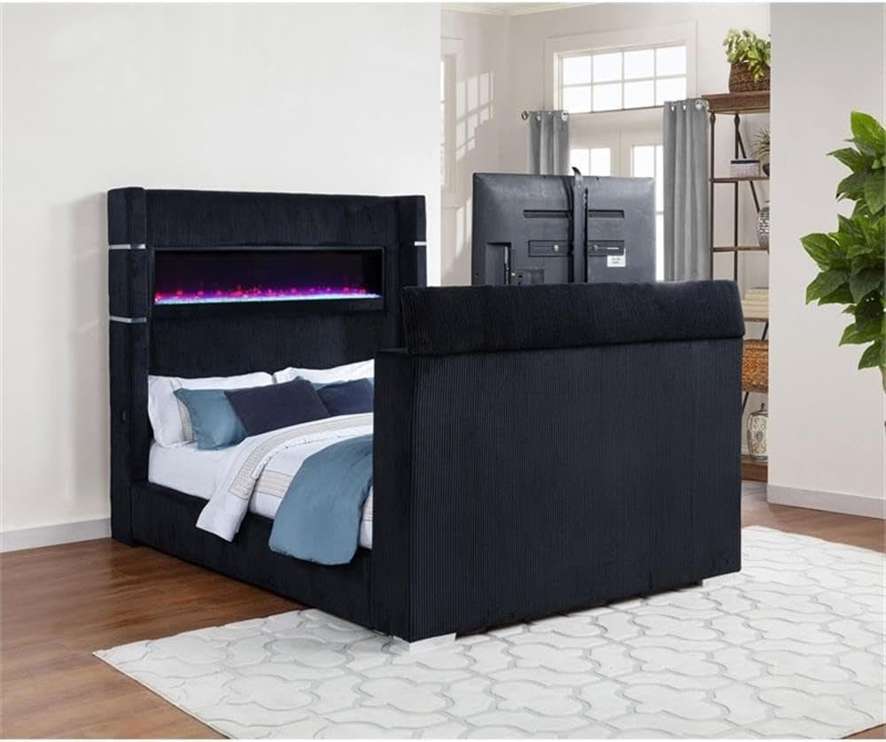california-king-wingback-tv-bed-pine-frame-black-faux-fur-style-corduroy-flame-visualizer-headboard-hidden-motorized-tv-mount-usb-ports-modern-bedroom-furniture-for-tech-forward-use