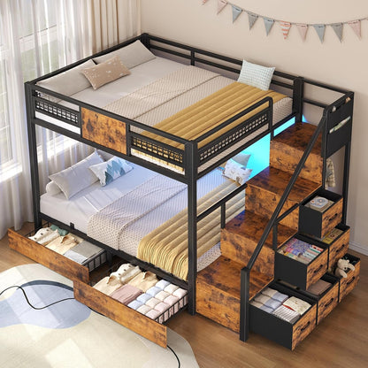 Bunk Bed Full over Full with Stairs, Storage Drawers and LED Lights1