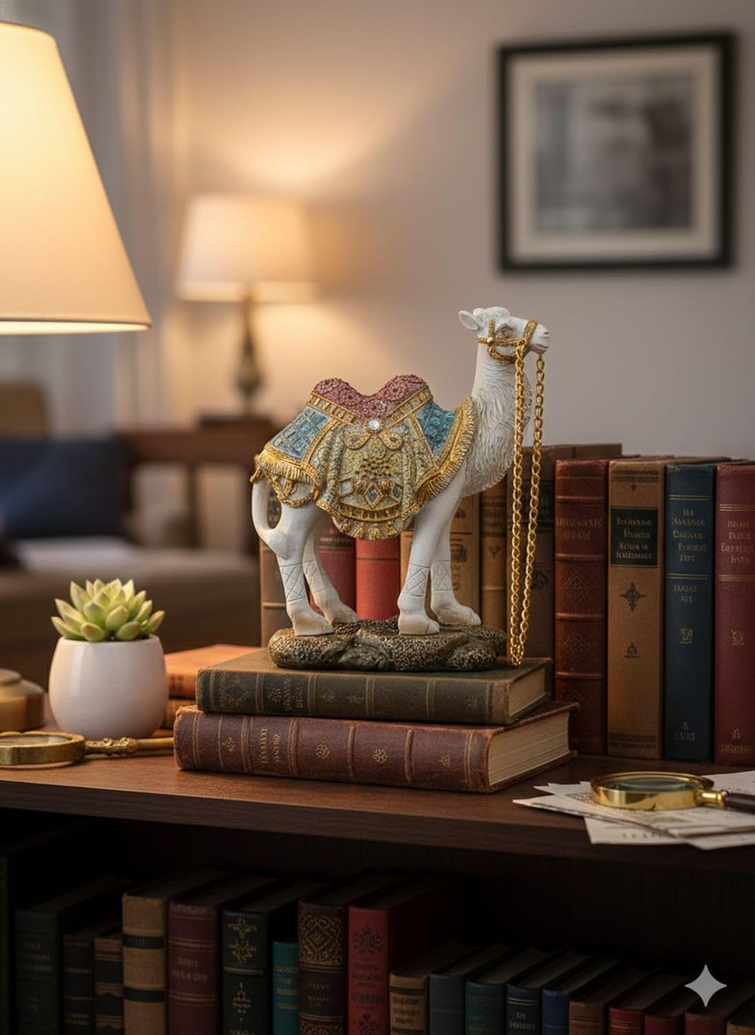 ornate-white-camel-figurine-decorative-resin-camel-statue-with-gold-embellished-saddle-chain-luxury-home-decor-accent-for-mantel-shelf-tabletop-5-5-2-6-in-0-4-lb