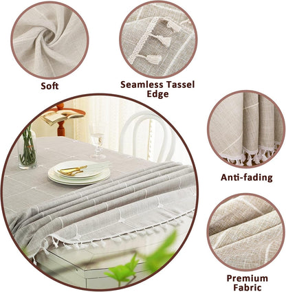 Round Tablecloth, Boho Plaid Tassel round Table Cloth, Heavy Weight Cotton Linen Table Cover for Kitchen Dining Farmhouse Party Tabletop Christmas Picnic Decoration (55Inch, Beige)2