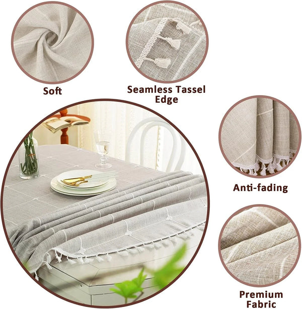 Round Tablecloth, Boho Plaid Tassel round Table Cloth, Heavy Weight Cotton Linen Table Cover for Kitchen Dining Farmhouse Party Tabletop Christmas Picnic Decoration (55Inch, Beige)2