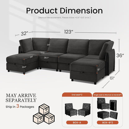 Modular Sectional Sofa U-Shaped 6 Seater Couch with Storage Ottoman, Convertible L-Shaped Plush Wide-Wale Corduroy Couch for Living Room, Apartment, Modern Design, Black2