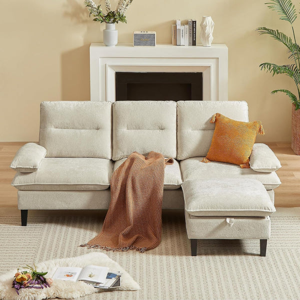 86'' Chenille Sofa with Large Storage Ottoman, Modern Living Room Sofa with Removable Washable Cushion, 3 Seater Comfy Couch for Apartment, Bedroom, Office (Beige)7