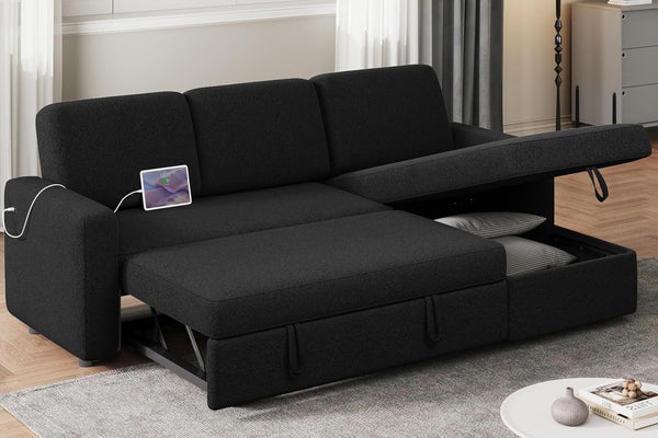 L Shaped Pull Out Sectional Sofa Bed with Storage, Black1