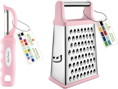 Stainless Steel Swivel Peeler & 4 Sided Handheld Box Grater, XL Size - 2 Product Bundle - Pink Lemonade1