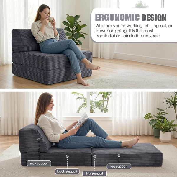 Folding Sofa Bed with Pillow, Memory Foam Fold Out Chair Bed, Convertible Sleeper Chair with Washable Cover, Futon Floor Couch for Living Room/Dorm/Guest Use/Home Office/Apartment, Gray4