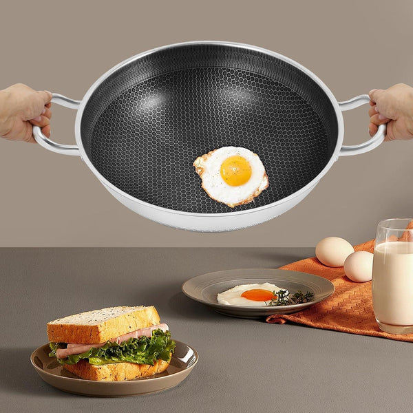 Wok Pan,Hybrid Wok with Lid,Non Stick Stainless Steel Woks & Stir-Fry Pans Nonstick Frying Pan Dishwasher and Oven Safe, Works on Induction (13 Inch)9