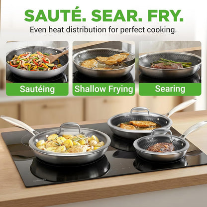 7-Piece Tri-Ply Stainless Steel Frying Pan Set & Wok – Nonstick, Induction Compatible, Oven Safe, Scratch-Resistant, Dishwasher Safe8
