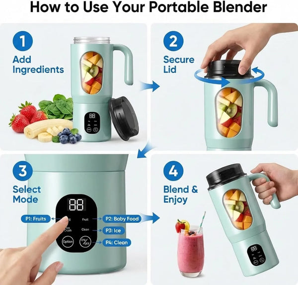 580ML Portable Blender with LED Display, 12-Blade USB-C Rechargeable Travel Blender with Handle & Extra Lid, Ideal for Kitchen, Office, Gym & Outdoor Sports6