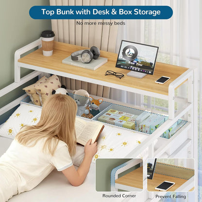 Triple Bunk Bed with Storage Drawers and Bedside Shelf, Twin over Twin Bunk Bed for Kids/Teens with LED Lights and Charging Station, Heavy Duty Metal Bunk Beds with Safety Guardrail and Ladder, White3