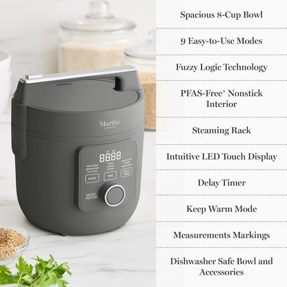 8 Cup Cooked (4 Cup Uncooked) Rice Cooker & Steamer, Caviar | Pfas-Free Ceramic Nonstick Removable Pot, 9 Modes, Keep Warm, Steamer, White & Brown Rice, Quinoa, Grains, Oats, Easy Clean9
