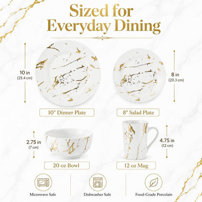 White Dinnerware Set for 4, 16-Piece Porcelain, Gold Marble3