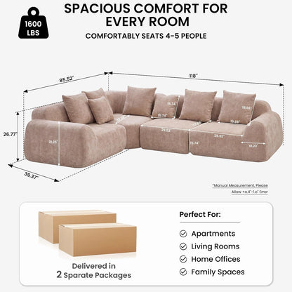 118-Inch Oversized Cloud Sectional Sofa, Velvet Boneless L-Shaped Couch with Curved Chaise, Compression Memory Foam Modular Sofa, No Assembly for Living Room2