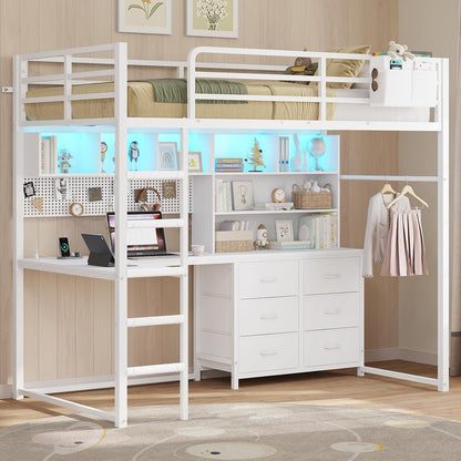 Loft Bed Twin Size with L-Shaped Desk,Bookshelf and Charging Station Metal Twin Loft Bed with 6 Storage Drawers,Open Shelves and Hutch,Loft Twin Beds with Led Lights and Safety Guardrail,White9