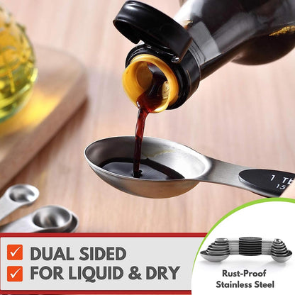 Stainless Steel Magnetic Measuring Spoons Set of 8, Black | Dual Sided Metal Teaspoon & Tablespoon Measuring Spoons with Leveler for Dry & Liquid Ingredients, Nesting, Dishwasher Safe5