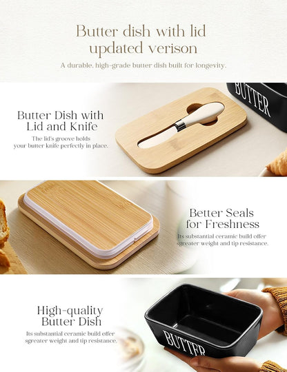 Ceramic Butter Dish with Lid and Knife & Silicone Seal for Countertop Black | Suitable Capacity, Great Sealing, Home Decor Kitchen Gift Housewarming Gift4