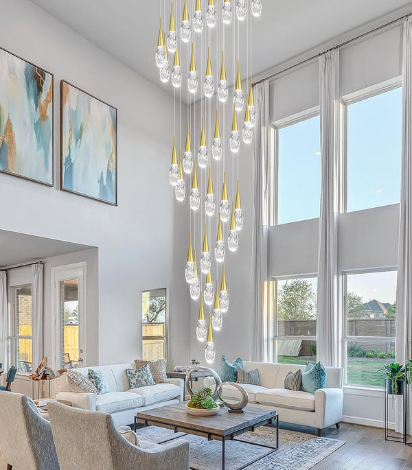 36-Lights 197 Inches Large Modern Chandelier LED Light Fixtures High Ceiling Long Light Chandelier for Entrance Foyer Dimmable Lights with Remote Living Room Ceiling Pendant Lighting Shine Gold7